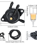 Built Tough Plug And Play Fuel Pump With Filter And Line For Briggs Stratton John Deere Kawasaki Yamaha Small Engine Mower Golf Cart Smooth Runs Guaranteed Replaces 597338 808656, showing dimensions and components like pump, filter, and hose.