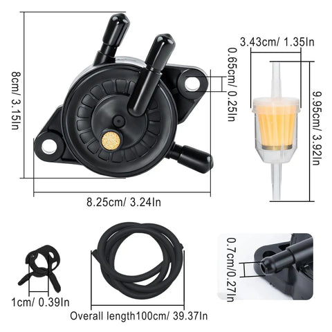 Built Tough Plug And Play Fuel Pump With Filter And Line For Briggs Stratton John Deere Kawasaki Yamaha Small Engine Mower Golf Cart Smooth Runs Guaranteed Replaces 597338 808656, showing dimensions and components like pump, filter, and hose.