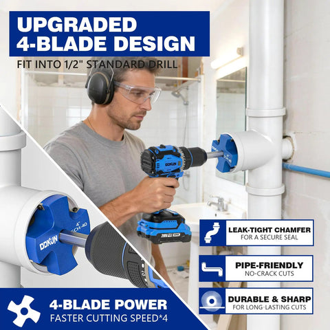 Four Size PVC Pipe Reamer Kit With Four Blades being used on SCH40 pipe, 1/2 inch drill compatible, includes hex wrench, person in background.