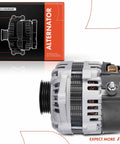 Alternator For Kia Rio And Spectra Series 12V 80A With 4-Groove Pulley Clockwise Easy Plug-And-Play Replacement, box, and side view