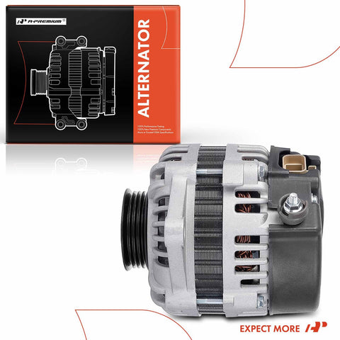 Alternator For Kia Rio And Spectra Series 12V 80A With 4-Groove Pulley Clockwise Easy Plug-And-Play Replacement, box, and side view