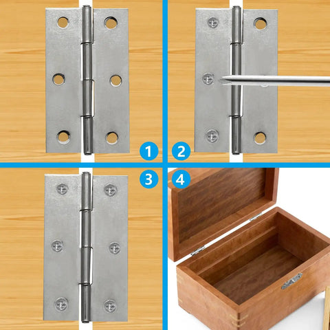 Top Tier 12 Pack Of 2.5 Inch Mini Butt Hinges In Classic Silver Finish Installed on a wooden box with screws.