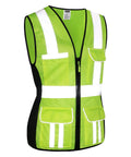 Built Different Women High Visibility Safety Vest With Extra Pockets Reflective Breathable Mesh Work Gear Durable Front Zipper Bright Yellow Lightweight Fit Ready For Jobsite Crews, side view with adjustable zipper.