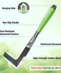 Close-up of crack weeder from Six Piece Garden Tool Set With Heavy Duty Hand Tools And Soft Rubber Handles Including Trowel Rake Cultivator Hoe Crack Weeder And Weeding Tool The Go To Gift For Gardeners And DIY Enthusiasts Who Love Lawn Care, showing green handle and carbon steel blade.