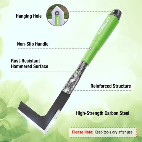Close-up of crack weeder from Six Piece Garden Tool Set With Heavy Duty Hand Tools And Soft Rubber Handles Including Trowel Rake Cultivator Hoe Crack Weeder And Weeding Tool The Go To Gift For Gardeners And DIY Enthusiasts Who Love Lawn Care, showing green handle and carbon steel blade.