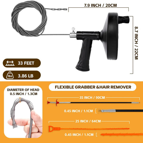 Direct Drain Auger 33 Feet Plumbing Snake For Hair Clogs And Slow Drains No Fuss Heavy Duty Sink Bathtub Shower Cleaner Tool Flexible Grabber Manual Rotation For Safer On Pipes Cost Saving Drain Cleaner