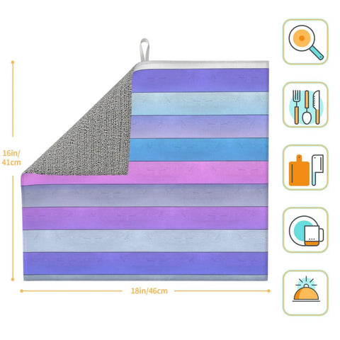 Wood Grain Print Dish Drying Mat 16x18 Inches, Microfiber Super Absorbent Kitchen Counter Pad with colorful stripes and icons.
