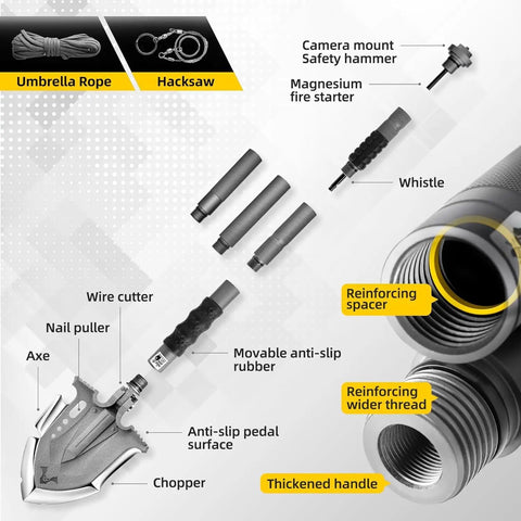 Survival Shovel Multitool 28 In 1 For Camping And Hiking parts view with martensitic steel and adjustable angles.