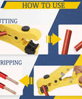 Illustration showing how to use the Coax Cable Crimping Kit With Adjustable Compression Tool For RG6 RG59 RG11, highlighting cutting and stripping steps.
