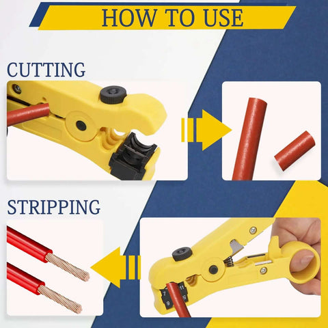 Illustration showing how to use the Coax Cable Crimping Kit With Adjustable Compression Tool For RG6 RG59 RG11, highlighting cutting and stripping steps.