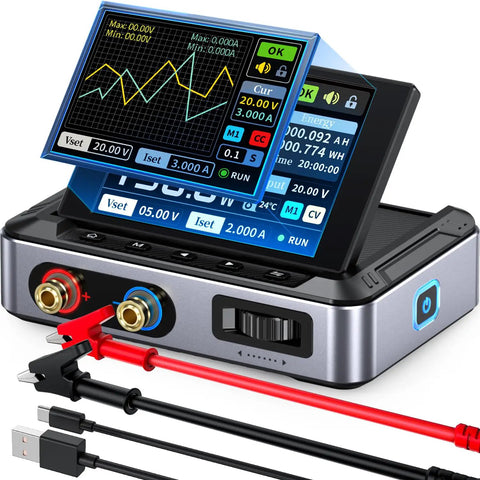 Beefy 30V 5A DC Power Supply With 150W Output And 4 Digit IPS Display Ultra Low Ripple Under 20mV CC And CV Modes PC QC And DC Input Support Programmable For CNC And Electronics Lab Testing No Power Adapter Included, showing screen graphs and cables