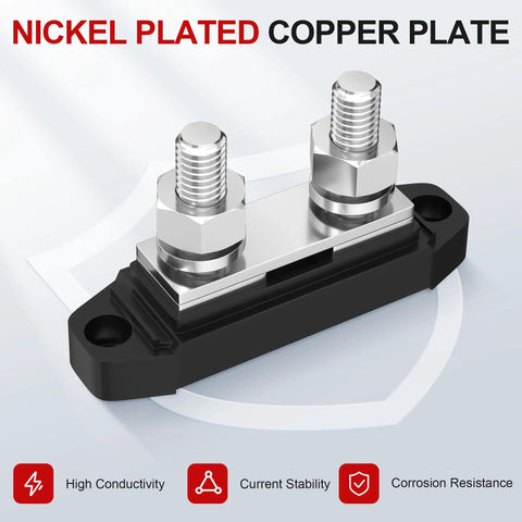Straight Up Heavy Duty 250A Power Distribution Block 12V DC Bus Bar featuring dual stainless steel studs on a copper base.