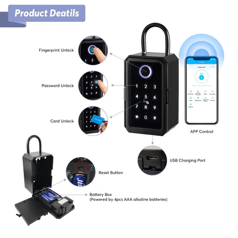 Wireless Key Lock Box With App Access And Bluetooth Ekey Dope Biometric Lockbox features and unlock methods diagram