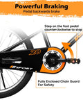 20 Inch BMX Style Kid Friendly Bike pedal backwards brake details with enclosed chain guard for safety.