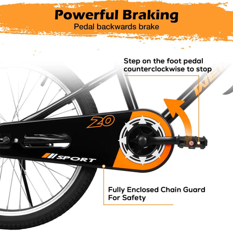 20 Inch BMX Style Kid Friendly Bike pedal backwards brake details with enclosed chain guard for safety.