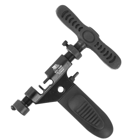 Pro Grade Bike Chain Rivet And Breaker Tool With Spare Driving Pin for fast, clean pin pushes, showing ergonomic handle and metal body.