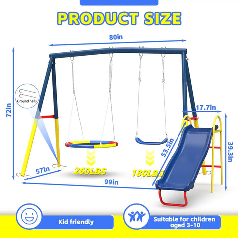 Backyard Swing Set With Built Tough Heavy Duty Metal Stand 440 Lb Capacity Includes 32 Inch Saucer Swing And 26 Inch Belt Seat 53 Inch Blow Molded Slide Outdoor Playset For Kids And Adults Blue showing dimensions