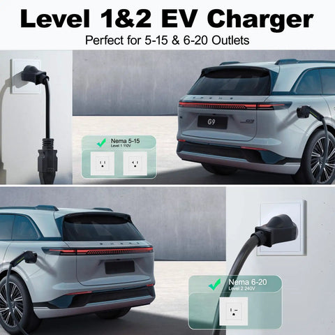 Level 1 And Level 2 Portable Ev Charger, 20 Foot Cable, 3.5 Kw 16 Amp Home Electric Vehicle Charging Station, Nema 5-15 And Nema 6-20 Plugs, SAE J1772 Compatible for home charging access.