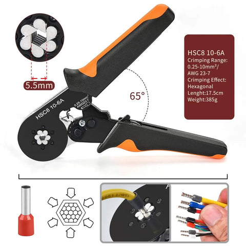 Heavy Duty Ferrule Crimping Pliers For 0.08-16Mm2 Wire Sleeves And Tubular Terminal Set Connector With Precision Die Hsc8 6-4a model showing crimping mechanism at 65 degrees.