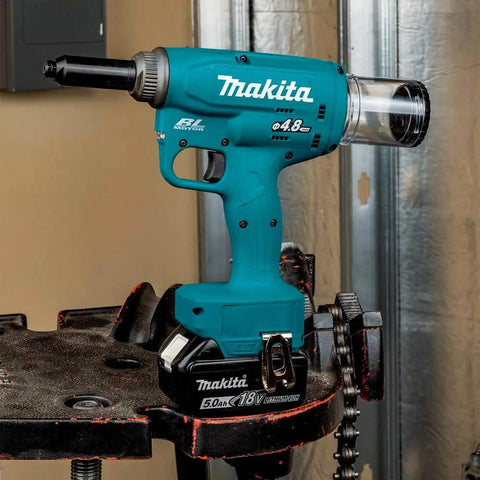 Heavy Duty Cordless Rivet Tool Featuring Brushless Motor And 10KN Pulling Force Cracks Steel Aluminum Rivets Up To 3 16 Inches on portable workbench.