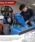 Mechanic installing Beefed Up High Power Steel T8F Chain And Sprocket Kit on go-kart, highlighting 44T rear sprocket.