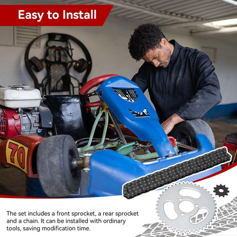 Mechanic installing Beefed Up High Power Steel T8F Chain And Sprocket Kit on go-kart, highlighting 44T rear sprocket.