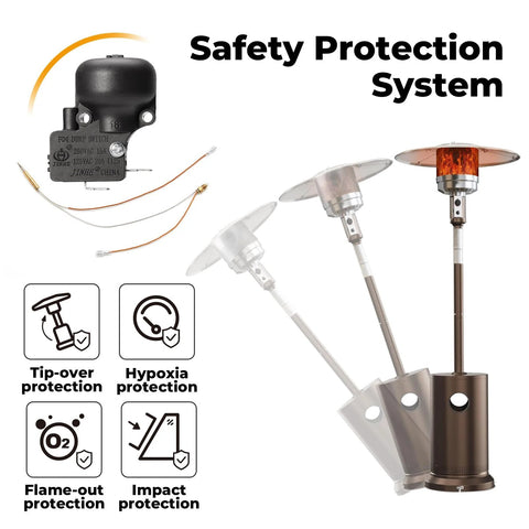 Front view of patio heater safety parts kit with thermocouple and tilt/dump switch for round and pyramid heaters