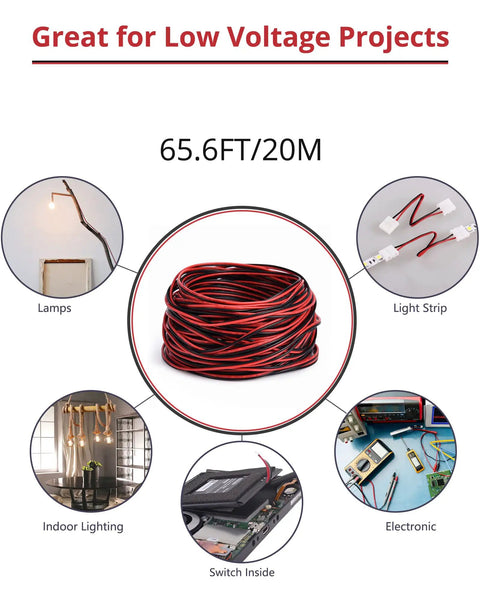 65.6ft 22AWG Low Voltage Extension Cable For LED Strips And DIY Electronics with red and black wire used for lighting and speakers.