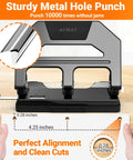 Heavy Duty 3 Hole Puncher With 40 Sheet Capacity, showing metal construction, large tray, and built-in paper guide in use.