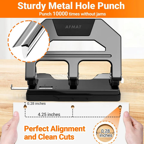 Heavy Duty 3 Hole Puncher With 40 Sheet Capacity, showing metal construction, large tray, and built-in paper guide in use.
