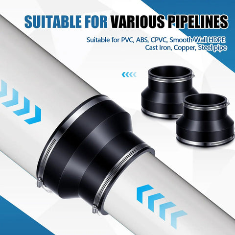 2 Pack 8 Inch To 6 Inch Flexible Rubber Pipe Coupling Reducer With Stainless Steel Clamps For Cast Iron PVC Steel Plastic Lead Pipe Connector Easy Install For Home Plumbing Projects on pipe