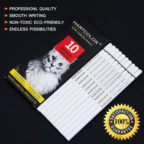 White Charcoal Pencils Set, 10 Pcs For Dark Paper Sketching, Shading, Blending And Highlighting, Pro-Grade For Beginners And Artists