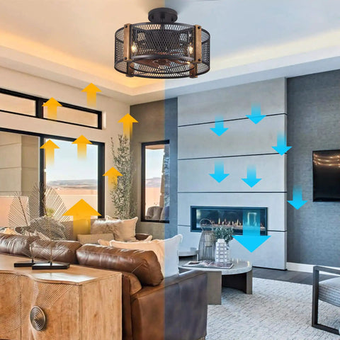 17 Inch Farmhouse Ceiling Fan With Lights Cage Style Bladeless Look Remote Control Reversible Motor in living room