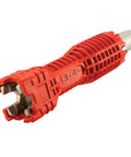 No Fuss Under Sink Faucet Install And Removal Wrench With 6 Sided Cube Insert For Five Eighths, Three Quarters, Seven Eighths, Fifteen Sixteenths And One Inch Nuts Ridgid EZ Change Tool in red plastic and metal.