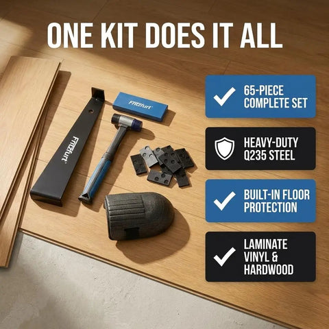 65 Piece All In One Flooring Tools Kit For Laminate, Vinyl Plank And Hardwood Installations with pull bar, mallet, and knee pad.