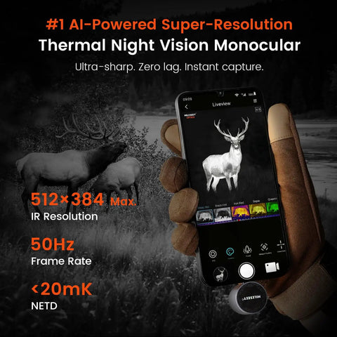 Person using Ultra Clear Thermal Monocular For USB C Phones And Tablets, Night Vision Infrared Camera For iPhone iPad And Android with 512 X 384 Resolution for wildlife observation