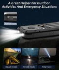 On The Go Solar Power Bank 20000mAh With 15W Wireless Fast Charge showing dual flashlights with steady, strobe, SOS modes.