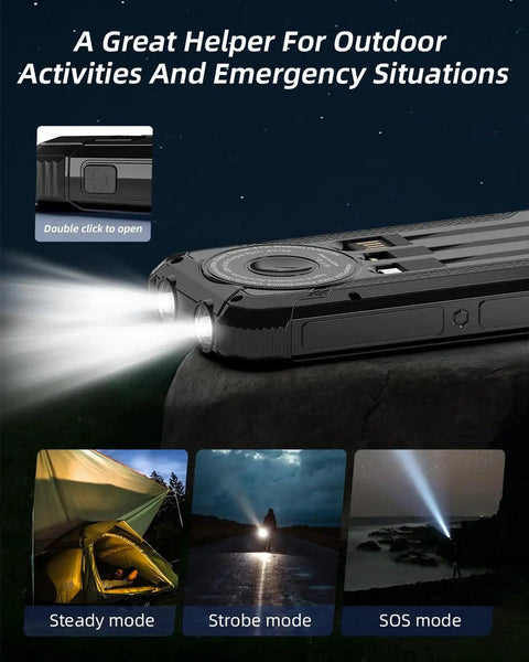 On The Go Solar Power Bank 20000mAh With 15W Wireless Fast Charge showing dual flashlights with steady, strobe, SOS modes.