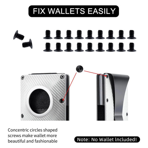 Premium Wallet Replacement Screw Kit With Mini Screwdriver, 50 Heavy Duty Stainless Steel Fasteners, includes screws and wallet detail.