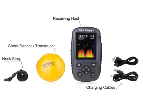 Portable Wireless Fish Finder With Rechargeable Battery, Castable Transducer, No Cable, Depth Locator, and accessories displayed