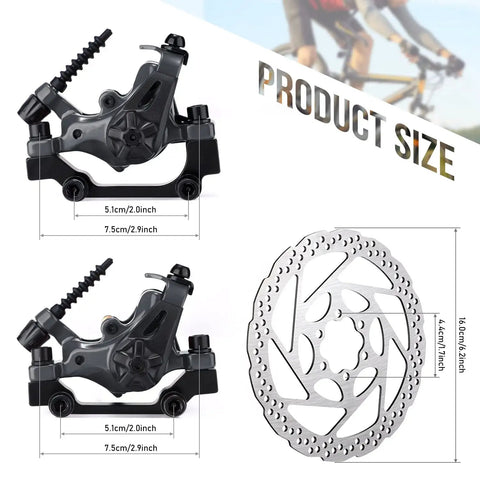 Heavy Duty Mechanical Disc Brake Kit With Dual Piston Calipers And 160 Mm Rotors dimensions showing calipers and steel rotors.