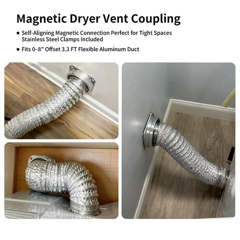 Magnetic Dryer Vent Connector Kit With Aluminum Alloy Shell Dual Sided Strong Magnets, 3.3ft 4” duct connected to vent.