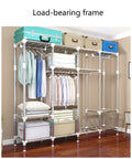 Rock Solid Portable Wardrobe With Heavy Duty Steel Frame And Waterproof Nylon Cover Hella Spacious Folding Closet Organizer For Bedroom Garage Or Tiny Home All Purpose Storage Setup, showcasing load-bearing frame with hanging and shelving.