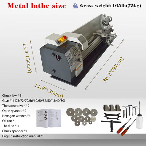 Jaryannix 8 X 24 Inch Metal Lathe Benchtop Machine With Variable Speed Up To 2500 Rpm For Precision Woodworking And Metalworking Projects Featuring Brushless Motor And Digital Display showing dimensions and accessories.