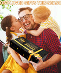 Smiling dad holding Ultimate 26 Piece Stainless Steel BBQ Grill Tools Set With Storage Bag gift, hugged by two kids