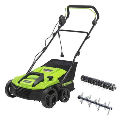 Green 13 Amp 14 Inch Corded Dethatcher and Scarifier for Lawn Care 3200 RPM No Load Speed with attachments