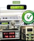 Testing setup for 60W Waterproof LED Driver Power Supply IP67 Transformer, 100 to 265V AC to 12V DC Output, 5A, with quality assurance badge.