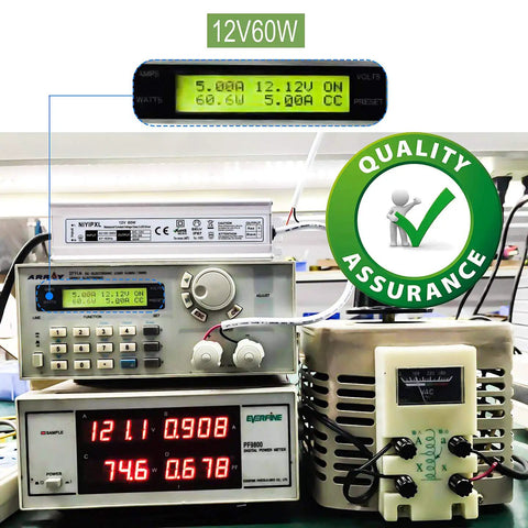 Testing setup for 60W Waterproof LED Driver Power Supply IP67 Transformer, 100 to 265V AC to 12V DC Output, 5A, with quality assurance badge.