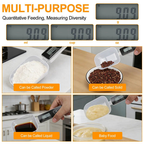 Must Have Digital Kitchen Scale And Measuring Spoon Duo With 0.05g Precision Up To 500g measuring flour, beans, syrup, and puree.