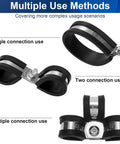 111 Piece Cable Clamp Set With Ten Sizes For Wires And Hoses 304 Stainless Steel P Clamps With Rubber Cushions showcasing single, two, and multiple connection uses.